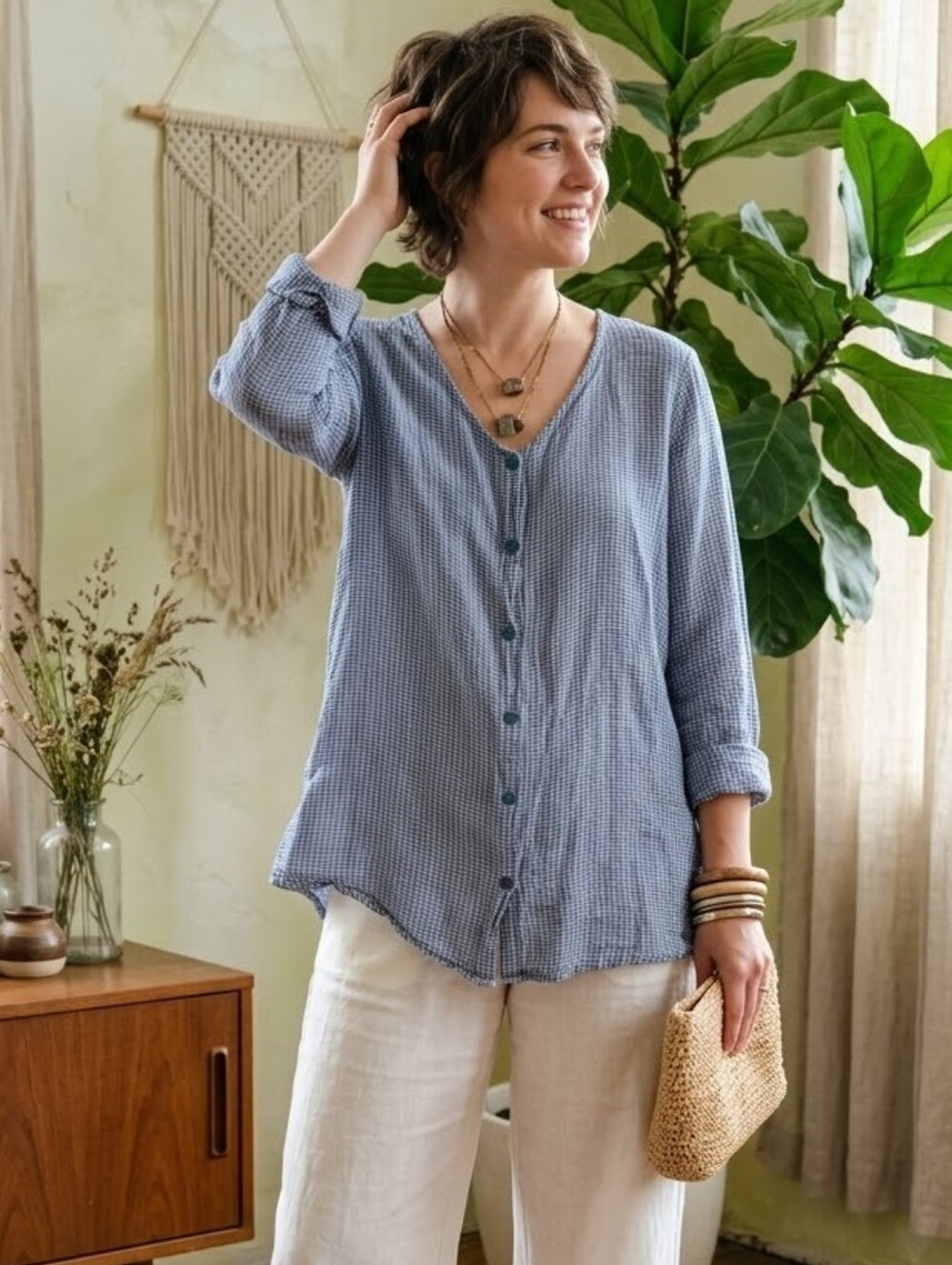 FLAX Linen Button Front V-Neck Tunic Top Blue Check Medium Boho
